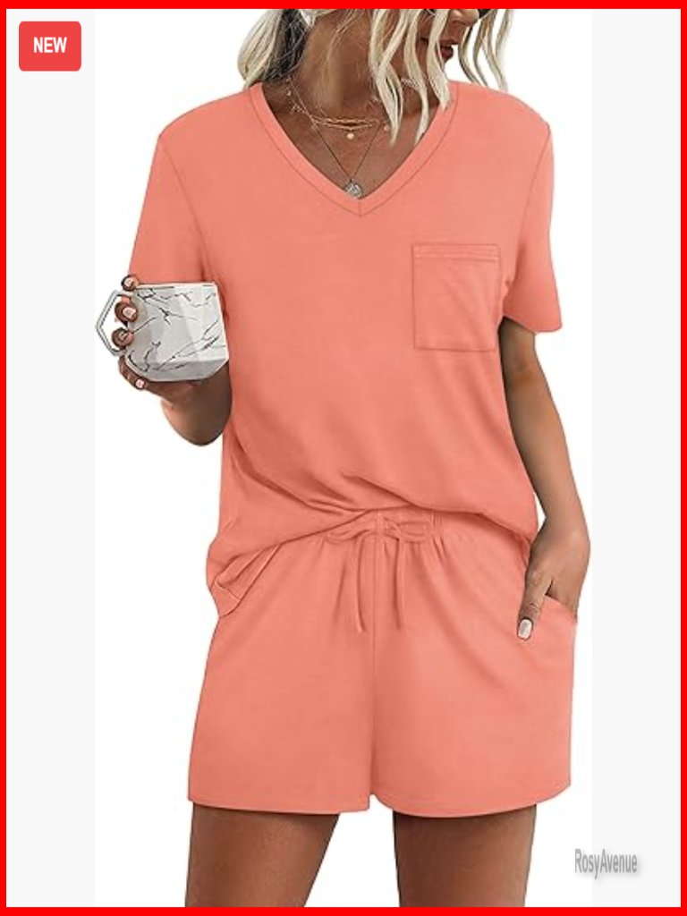 Women's Short Sleeve Pajama Sets With Pockets Casual V Neck 2 Piece Lounge S-3xl